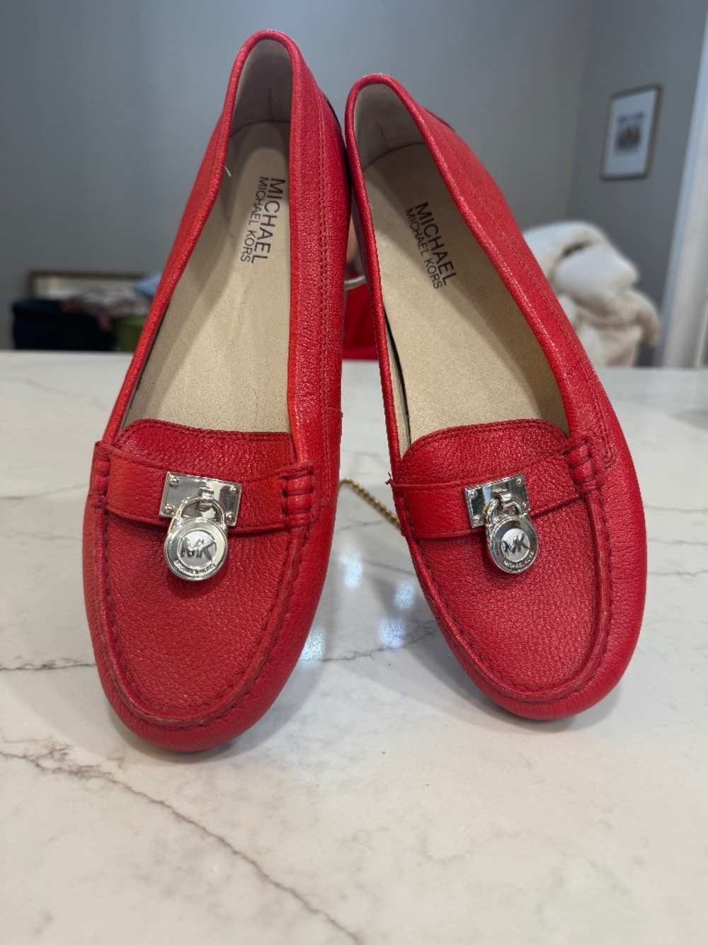 Michael Kors Red Leather Loafers Size 8 | MK Logo Slip-On Flats